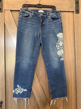LOFT Blue Straight-Leg Jeans with Floral Embroidery
